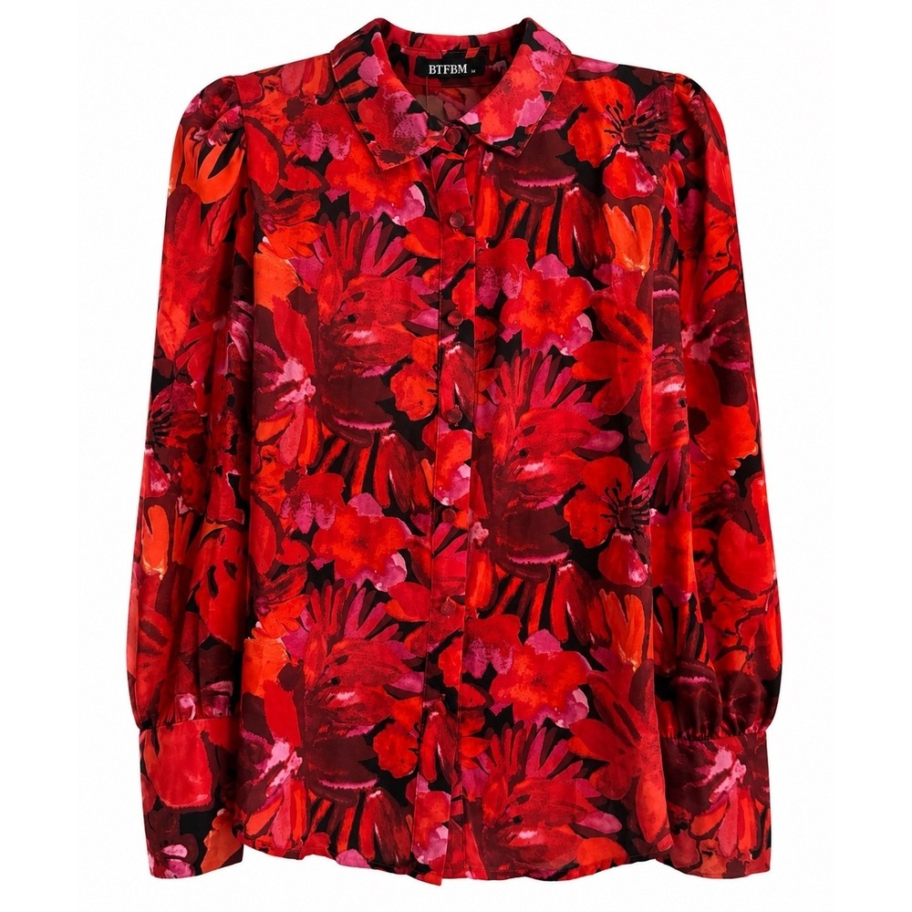 BTFBM Red Floral Blouse NWT Size Medium Button Front French Cuff Long Sleeve